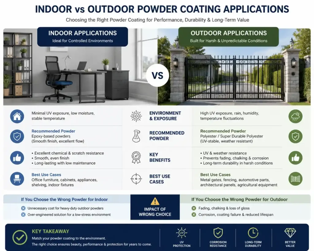 Infographic showing indoor vs outdoor powder coating applications for durability and UV resistance