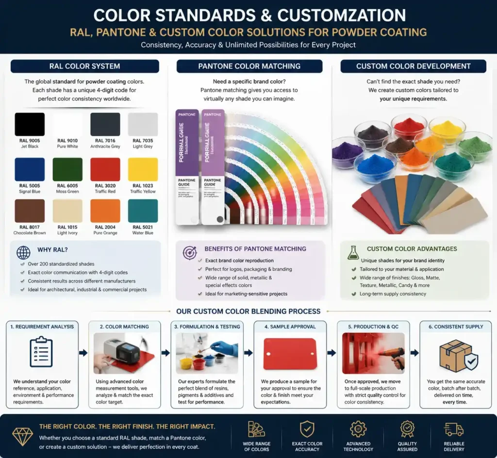 RAL and Pantone color chart for powder coating with custom color matching process
